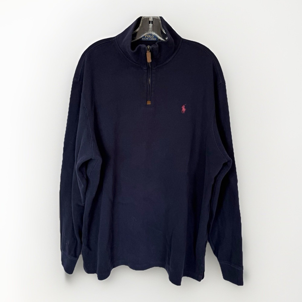 POLO Ralph Lauren Quarter Zip Pullover XXL Navy Red Pony Logo 1/4 Zip Cotton